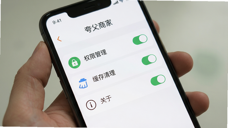 手机屏幕显示“夸父商家”设置页面,包含“权限管理”、“缓存清理”、“关于”等选项,布局简洁,图标清晰,风格扁平化,白色背景,细节处有开关按钮,画质清晰