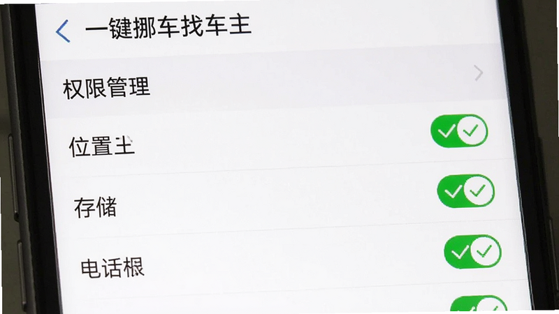 主体为手机设置界面截图,显示“权限管理”列表,位置、存储、电话权限均被勾选开启,背景为白色,布局为列表形式,排版整齐,风格为系统原生UI,细节处有绿色对勾标识,画质清晰,干净,无其他干扰图标,屏幕顶部显示“一键挪车找车主”应用名称。