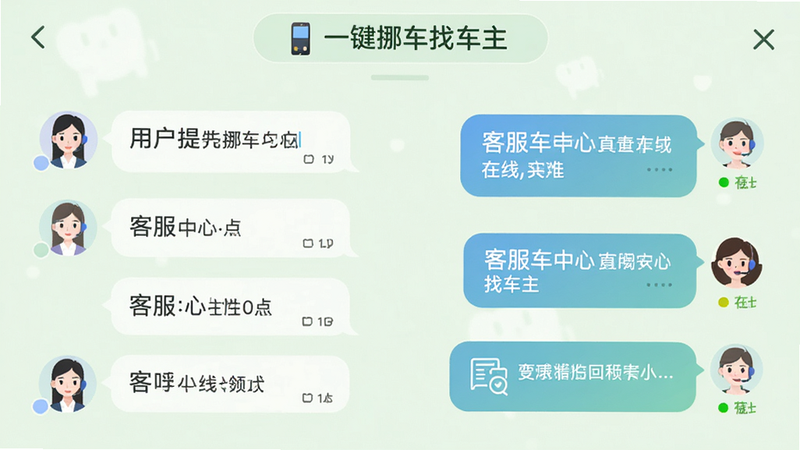 主体为客服中心对话界面,左侧为用户提问气泡,右侧为客服回复气泡,背景为淡绿色安心色调,布局为聊天窗口样式,排版清晰易读,风格温馨专业,细节处有客服头像和在线状态标识,画质柔和,干净,无干扰元素,屏幕顶部显示“一键挪车找车主”服务标识。
