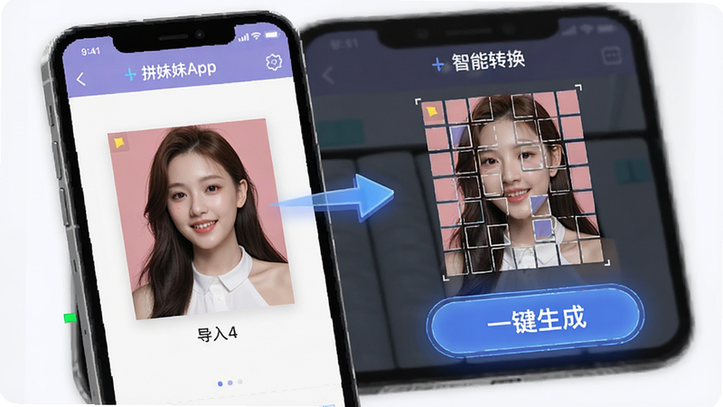 主体为拼妹妹APP的操作界面,布局展示图片导入与转换过程,排版突出“一键生成”按钮,风格科技感强,细节显示图片正在被分割成小方块,画质清晰,干净,无多余元素,文字“智能转换”