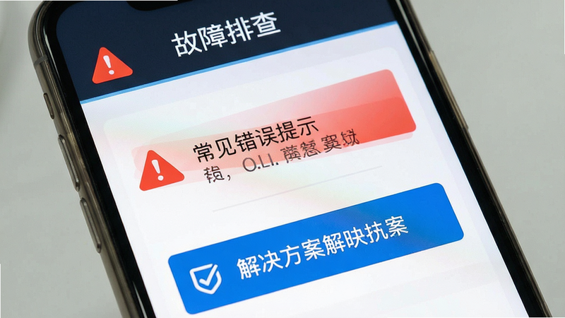 主体为手机故障排除界面,布局展示常见错误提示与解决方案,排版简洁明了,风格警示性强,细节包含红色警告图标与蓝色提示框,画质清晰,干净,无多余元素,文字“故障排查”