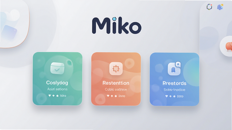 主体为Miko软件的高保真UI界面展示图,布局采用中心对称构图,顶部清晰显示