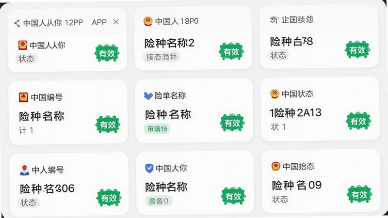 展示中国人保企业版APP的保单列表页面,主体为清晰的卡片式列表布局,每个卡片包含保单编号、险种名称及状态标签,排版紧凑且信息层级分明,风格为现代扁平化设计,细节处有高亮显示的“有效”状态徽章,画质清晰,无水印,界面干净