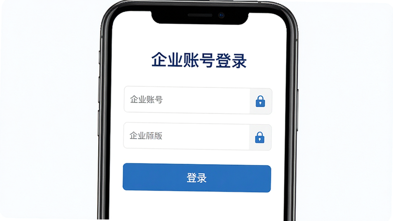 展示中国人保企业版APP的登录页面,主体为简洁的输入框布局,上方有“企业账号登录”字样,下方有“登录”按钮,风格为极简主义,配色为蓝白,细节处有安全锁图标,画质清晰,无多余装饰