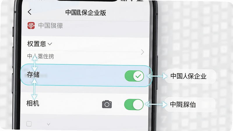 展示手机设置界面中权限管理的操作指引图,主体为“中国人保企业版”的权限列表,高亮显示“存储”和“相机”权限开关,布局为垂直列表,风格为UI设计教程风,细节清晰标注勾选状态,画质高清,无干扰元素