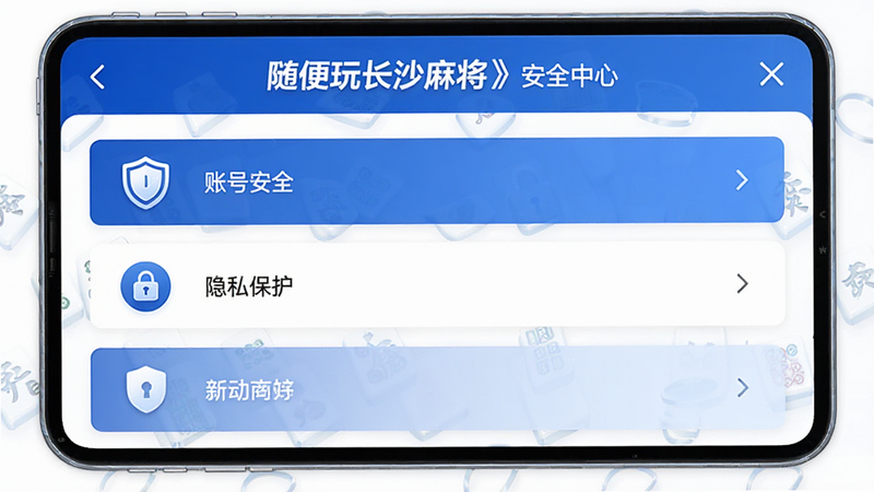 主体是《随便玩长沙麻将》的安全中心界面,布局为列表式排列,显示“账号安全”、“隐私保护”等选项,排版整齐严谨,风格为稳重的蓝白色调,细节包含盾牌图标和锁头图标,传达信任感,画质高保真,干净,无多余元素