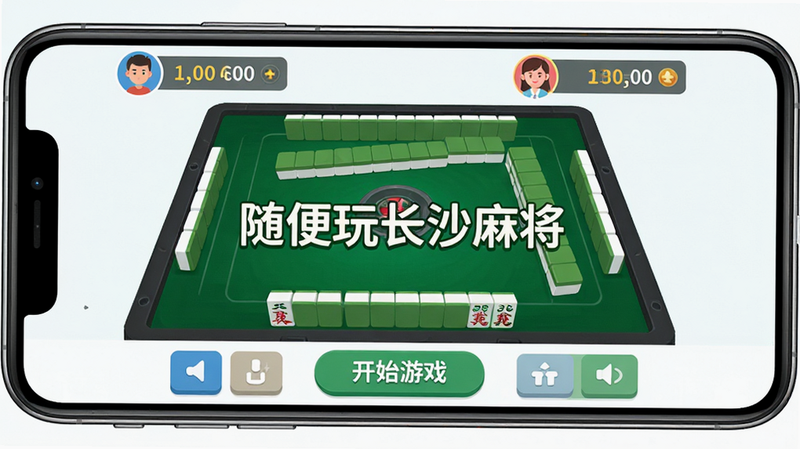 主体是手机屏幕显示的《随便玩长沙麻将》游戏主界面,布局为顶部显示玩家头像与积分,中间是绿色麻将牌桌背景,底部是操作按钮区,排版居中对称,风格为清新扁平化设计,细节包含清晰的中文字体“随便玩长沙麻将”和“开始游戏”按钮,画质高清,干净,无多余元素
