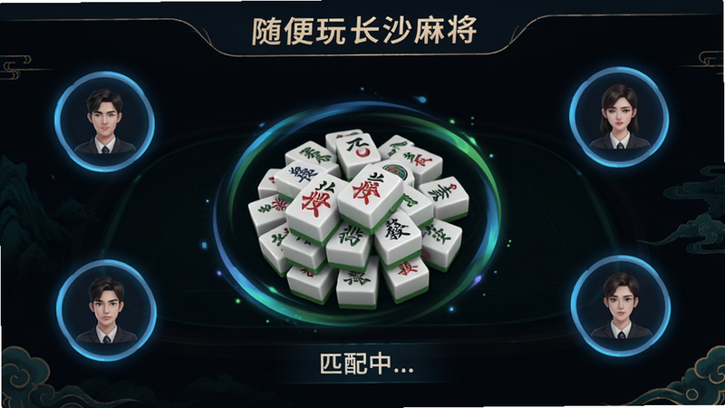 主体是《随便玩长沙麻将》的匹配界面,布局为中央显示一个动态旋转的麻将牌堆,周围环绕着四个玩家头像加载圈,排版简洁大方,风格为科技感与国风结合,细节包含“匹配中...”的文字提示和流畅的加载动画效果,画质清晰,干净,无多余元素