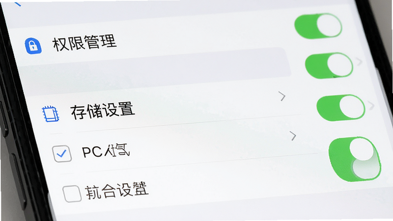 主体是手机设置界面,布局为列表形式,显示“权限管理”、“存储设置”等选项,排版清晰直观,风格为iOS/Android通用简洁风,细节包含勾选框和开关按钮,强调权限开启状态,画质高清,干净,无多余元素
