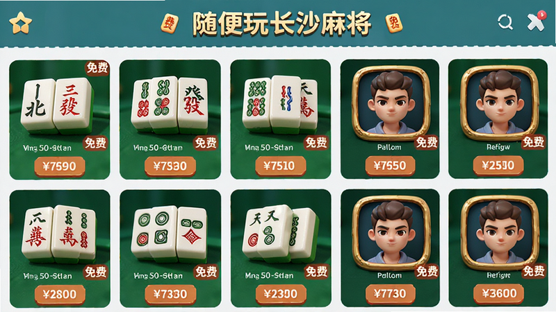 主体是《随便玩长沙麻将》的商城界面,布局为网格展示,显示各种麻将牌皮肤和头像框,排版美观诱人,风格为精致3D渲染,细节包含价格标签和“免费”标识,画质细腻,干净,无多余元素