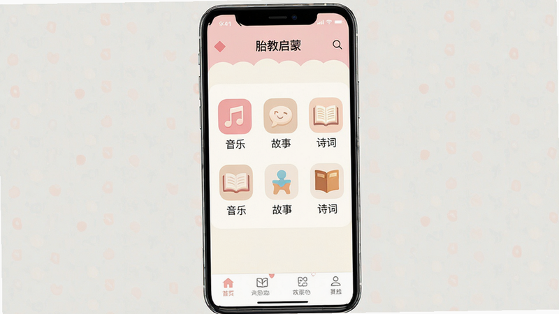 һ�Ÿ����ֻ���Ļ��ͼ��չʾ��̥�����ɡ�App�������棬������Ƽ����ܰ����ɫ��Ϊ��͵�ǳ��ɫ���װ�ɫ�������������ĵ��������м�����չʾ�ŷ���ͼ���硰���֡��������¡�����ʫ�ʡ��ȣ��ײ��й̶��Ĺ��ܲ˵��������岼�����룬����ִ���Լ�������������޶���Ԫ�أ����������ɼ����ɾ�����