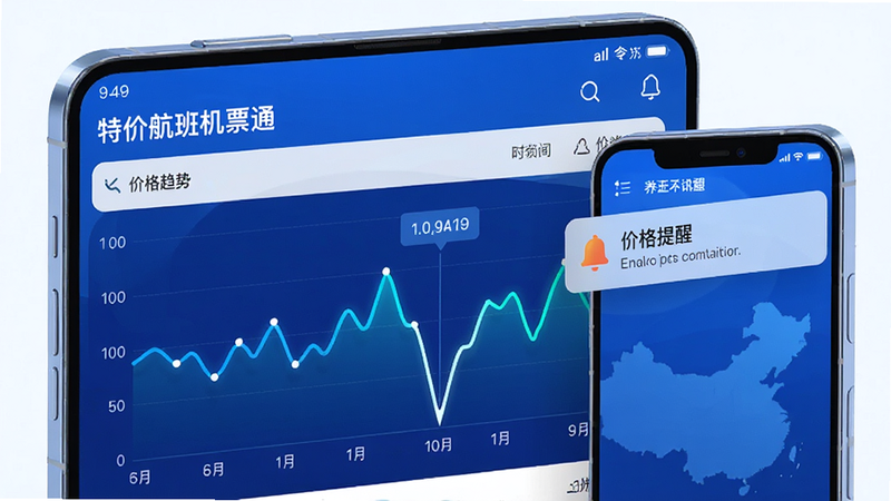 生成一张数据可视化图表插画,主体为“特价航班机票通”APP内的价格趋势折线图,图表显示价格随时间波动并出现低点,旁边配有手机通知栏模拟图,显示“价格提醒”字样,风格科技感强,色彩以蓝白为主,高清渲染,无杂乱背景
