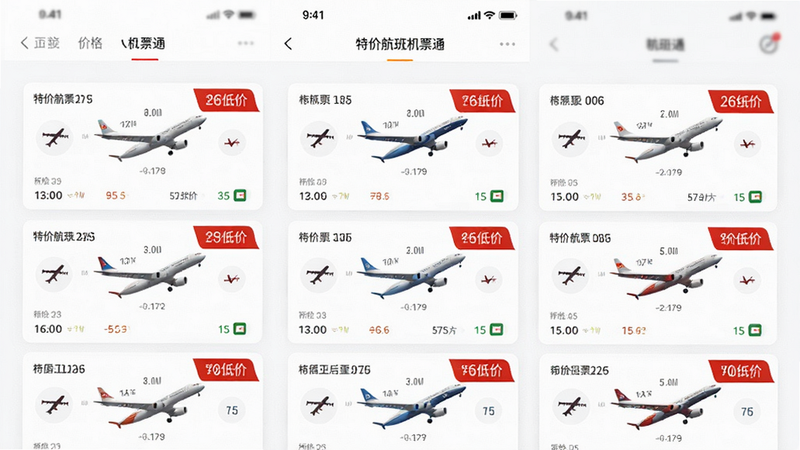 生成一张功能界面示意图,展示“特价航班机票通”APP的价格聚合列表页,屏幕中央显示多个航班卡片,每个卡片上高亮显示红色低价标签,背景为白色,UI设计现代简洁,文字清晰可见,布局整齐,无水印,高清细节