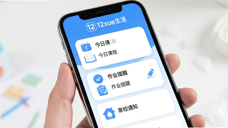 主体为12xue生活APP的手机界面展示,布局采用卡片式设计,顶部显示“12xue生活”Logo,中部包含“今日课程”、“作业提醒”、“家校通知”三个核心功能模块,风格清新简约,色调以蓝白为主,细节展现高清图标与圆角卡片,画质4k,干净无多余元素,文字包含