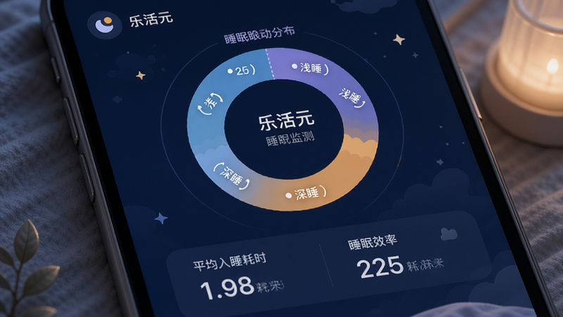 乐活元APP的睡眠监测模块界面,中央是一个圆环状的睡眠阶段分布图,标注了深睡、浅睡、快速眼动睡眠的比例,下方列出平均入睡耗时和睡眠效率数据,界面色调为宁静的深蓝色系,营造助眠氛围,细节精致,画质高保真