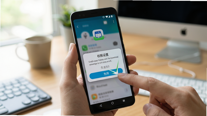 展示乐活元APP在安卓手机上的安装与权限设置界面,手机屏幕清晰显示权限请求弹窗,手指正在点击“允许”按钮,背景为柔和的办公桌面,光线自然,构图紧凑,重点突出操作指引,画质清晰真实