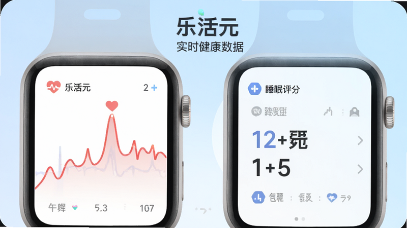主体为一款现代简约风格的智能手表APP界面预览图,布局清晰,左侧显示心率曲线,右侧显示睡眠评分,背景为柔和的浅蓝色渐变,文字包含