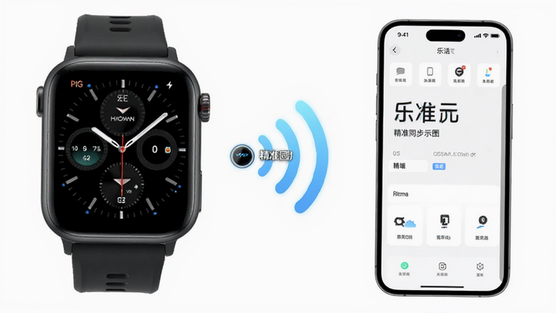 主体为乐活元手表端与手机端数据同步示意图,左侧为手表特写,右侧为手机屏幕,中间有无线信号波纹连接,背景为白色,文字包含