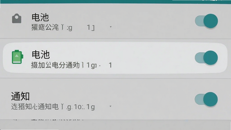 主体为手机设置界面截图,高亮显示“电池”和“通知”选项,布局为竖屏列表,风格为安卓原生设置样式,细节展示权限开关状态,画质清晰,干净,无多余元素