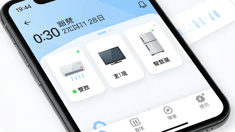 主体为“长虹智慧家居”APP的手机端主界面截图,布局清晰,顶部显示时间日期,中间为设备列表卡片,包含空调、电视、冰箱图标,底部为导航栏,风格为现代扁平化设计,色彩以白色和浅蓝色为主,细节处体现设备在线状态指示灯,画质高清,干净,无多余元素