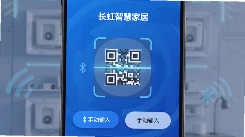 主体为“长虹智慧家居”APP的设备添加界面,布局为中心化引导,显示扫码图标和手动输入选项,风格简洁科技风,蓝色主色调,细节展示二维码扫描框和蓝牙连接信号标志,画质清晰,干净,无多余元素