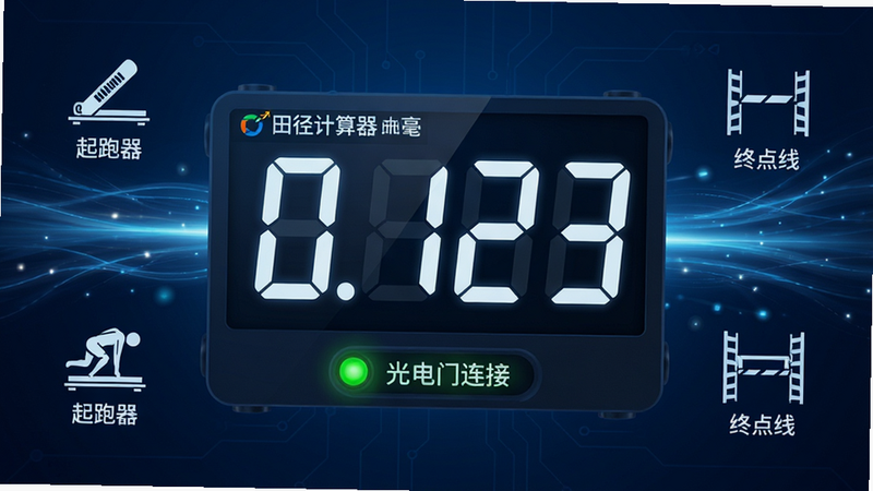 主体为“田径计算器”高精度计时界面,布局中央是一个巨大的数字显示屏,显示“0.123”毫秒级反应时,屏幕下方有“光电门连接”状态指示绿灯,周围分布着“起跑器”、“终点线”等极简图标,背景为深蓝色科技风,细节处有光线流动效果象征速度感,风格现代简约,画质超清,无杂乱背景,强调专业竞技氛围