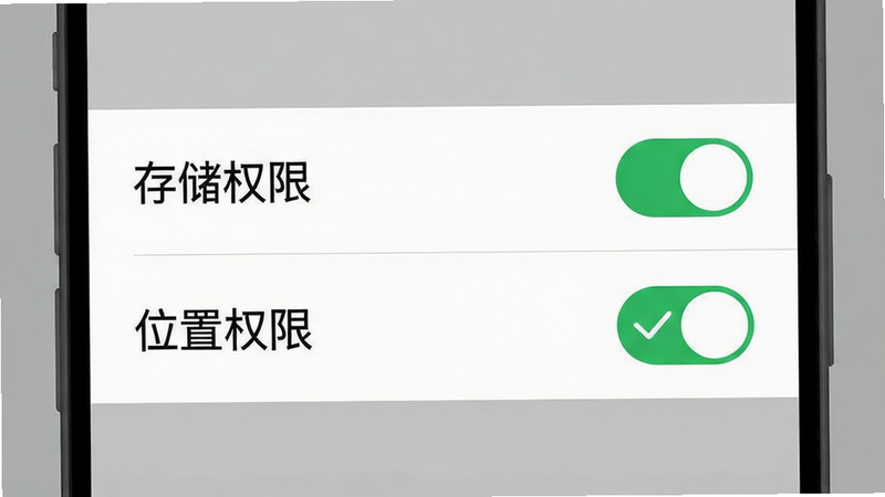 一张手机应用设置界面的示意图,显示“存储权限”与“位置权限”选项被勾选,背景为简洁的灰色调,重点突出权限开关状态,风格为UI设计展示,布局清晰,色彩中性,细节准确,画质高清,无干扰元素