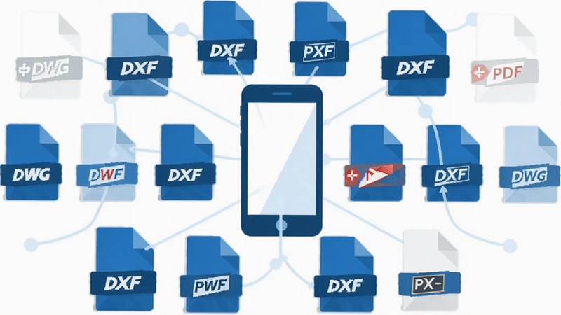 多个不同文件格式的图标(DWG, DXF, PDF)环绕在一个中心手机图标周围,图标设计扁平化,色彩统一为蓝白色系,背景简洁白色,象征兼容性与连接,风格为简约矢量插画,布局均衡,细节清晰,画质干净,无多余装饰