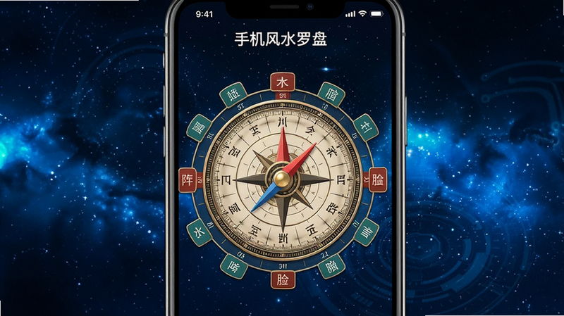 主体为一部智能手机,屏幕显示着“手机风水罗盘”APP界面,界面中心是精细的传统罗盘刻度盘,周围环绕着二十四山方位标识,背景为深蓝色科技感星空,排版整洁,风格现代且富有东方韵味,细节清晰,画质高清,无多余元素