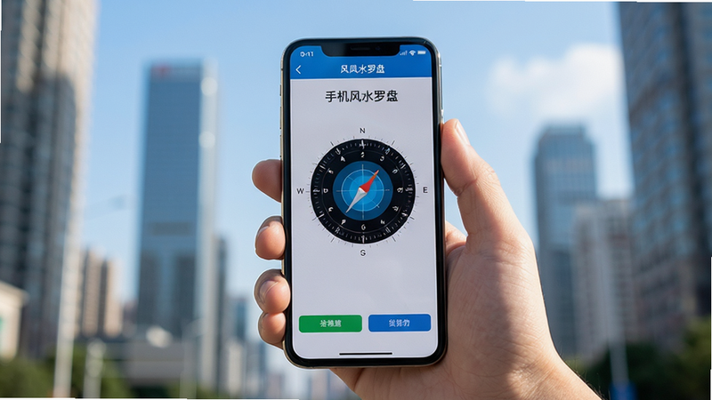 主体为一只手握着智能手机,屏幕显示“手机风水罗盘”APP正在校准状态,背景为模糊的城市高楼与蓝天,光线明亮自然,布局聚焦于屏幕内容,风格生活化写实,细节真实,画质高清,无多余元素
