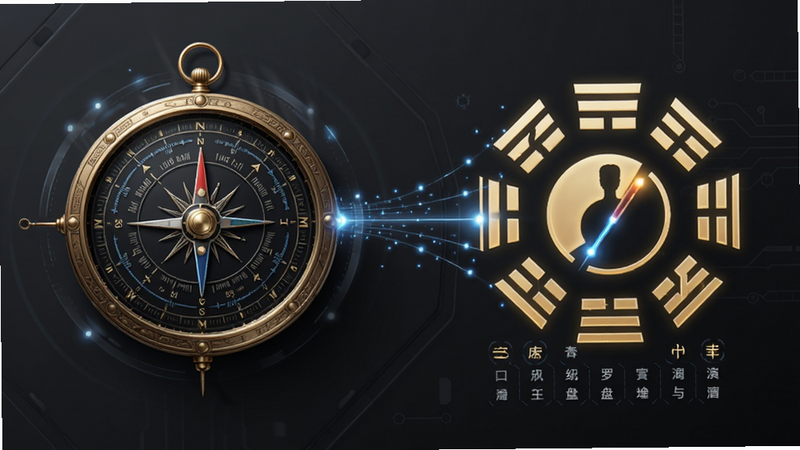 主体为“手机风水罗盘”APP的功能演示图,画面左侧是旋转的罗盘,右侧是发光的八卦符号与二十四山文字列表,二者通过光线连接,背景为深灰色极简风格,排版对称平衡,风格科技感与传统元素结合,细节精致,画质超清,无多余元素