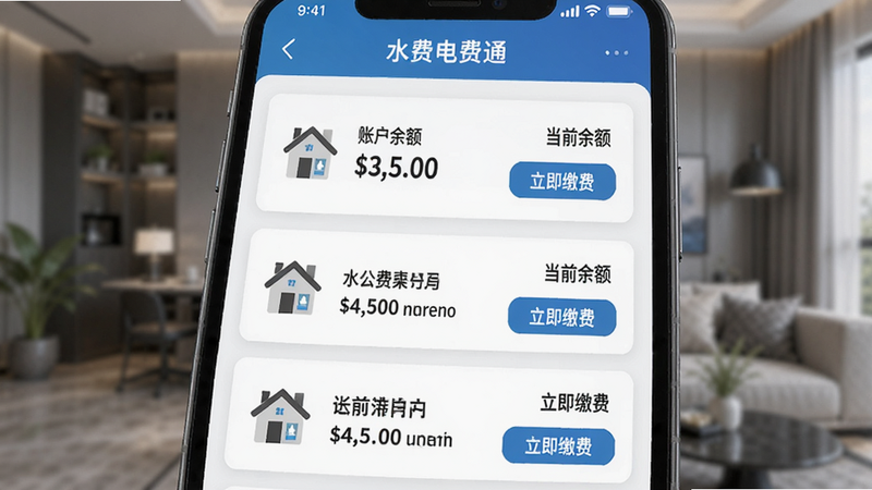 AI生成一张手机屏幕特写,显示“水费电费通”APP内的账户列表页面,列表中有三个不同的户号卡片,每个卡片左侧有房屋图标,右侧显示“当前余额”和“立即缴费”按钮,背景虚化,突出屏幕内容,清晰可见,商务风格,高质量渲染