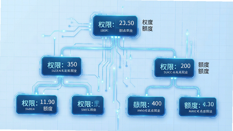 展示企业组织架构树的示意图,节点连接清晰,每个节点旁标注“权限”、“额度”字样,背景为淡蓝色网格,体现数据连接感,风格现代科技,布局层级分明,细节丰富,画质高清,干净,无多余元素