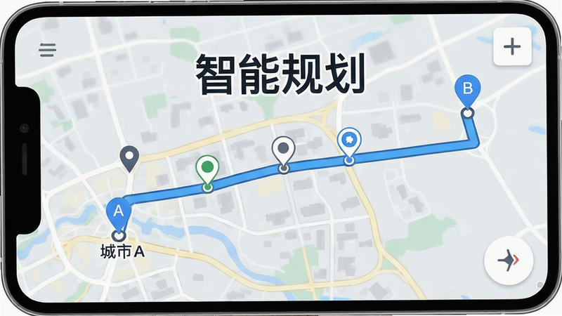 手机地图界面截图风格,显示一条从城市A到城市B的规划路线,路线上有多个站点标记,背景为淡灰色地图底图,突出显示“智能规划”字样,风格简洁直观,布局清晰,细节准确,画质清晰,干净,无多余元素