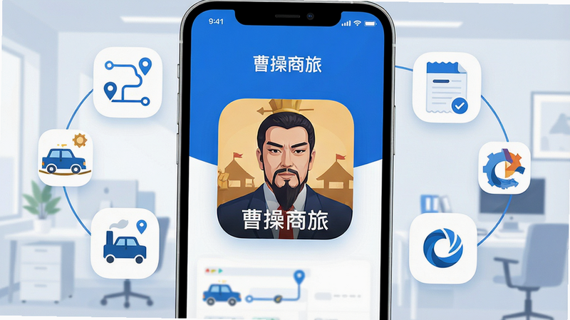 一张高清现代商务风格插画,主体是“曹操商旅”APP手机界面展示,背景为简约办公环境,画面中央突出显示APP图标,周围环绕着简洁的出行路线图标、报销单据图标和企业LOGO元素,色调以科技蓝和白色为主,布局整洁,排版清晰,风格扁平化,细节精致,画质4k,干净,无多余元素