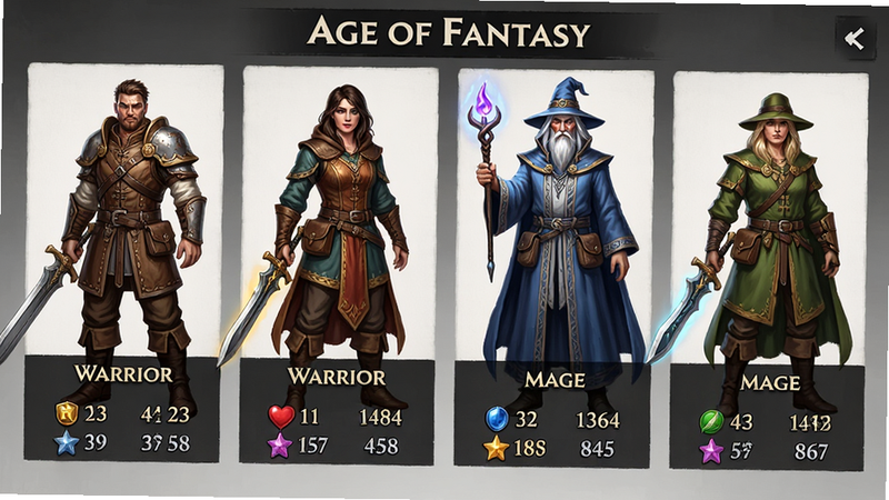����ΪAge of Fantasy�Ľ�ɫѡ����棬���ֲ���չʾ�ĸ���ְͬҵ�Ľ�ɫ���棬�Ű�ͻ��ְҵ������������ֵ�����Ϊ����������ϸ��չ�ֽ�ɫ��װ�������������󣬻��ʾ���ϸ�壬�ɾ�����������
