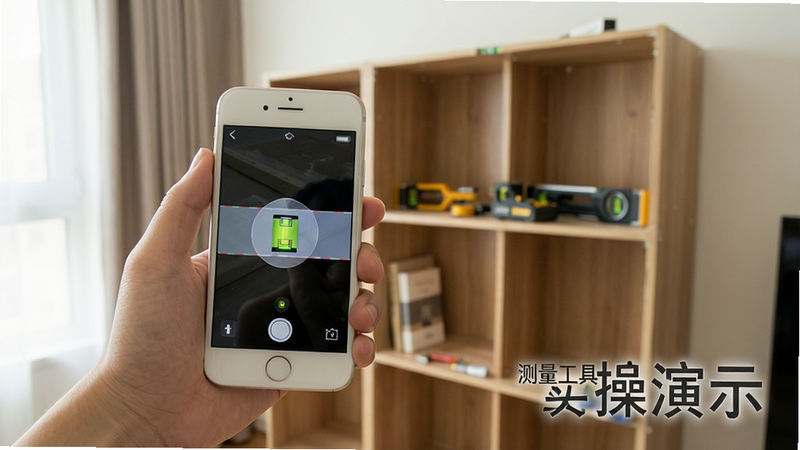 一张展示用户在室内使用手机进行水平仪测量的场景图,主体为一只手握着白色智能手机,屏幕显示水平仪气泡居中,背景是正在安装的书架,布局自然,排版舒适,风格生活化,细节真实,画质清晰,干净无多余元素,文字显示