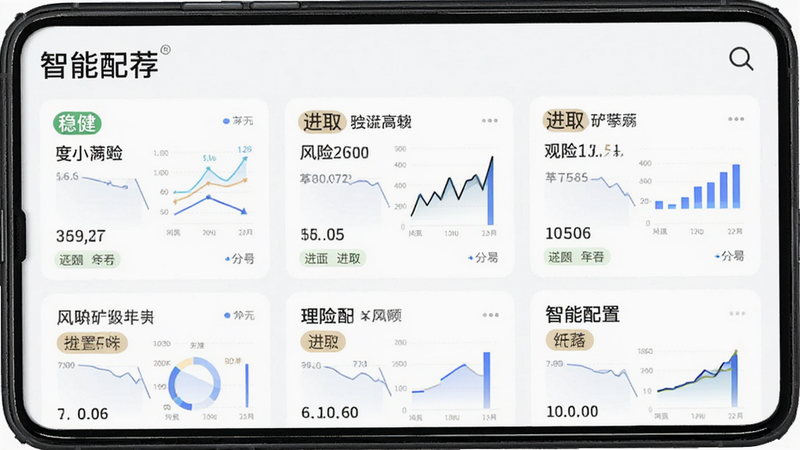 主体为度小满理财APP内的“智能推荐”功能界面,布局为卡片式列表,每个卡片展示不同风险等级的理财产品,标注“稳健”、“进取”等标签,排版紧凑且信息层级分明,风格专业严谨,细节处有数据图表辅助说明,画质清晰,干净无杂乱,文字标注