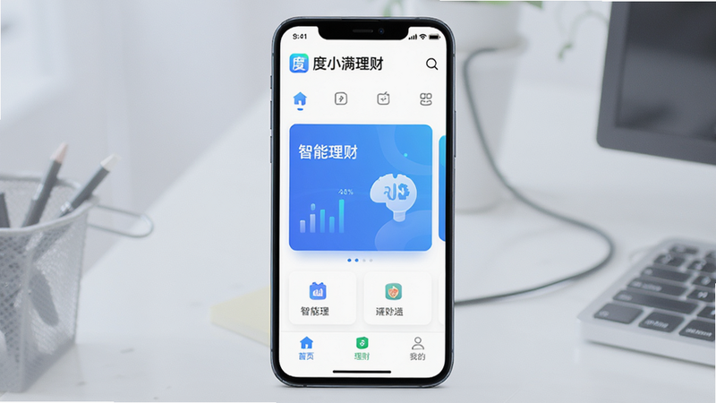 主体为度小满理财APP的安卓手机界面展示,布局清晰,顶部显示品牌Logo,中间区域突出“智能理财”核心功能卡片,底部导航栏包含“首页”、“理财”、“我的”等图标,排版整洁有序,风格现代简约,细节处体现科技感与信任感,画质高清,干净无多余元素,文字清晰可见