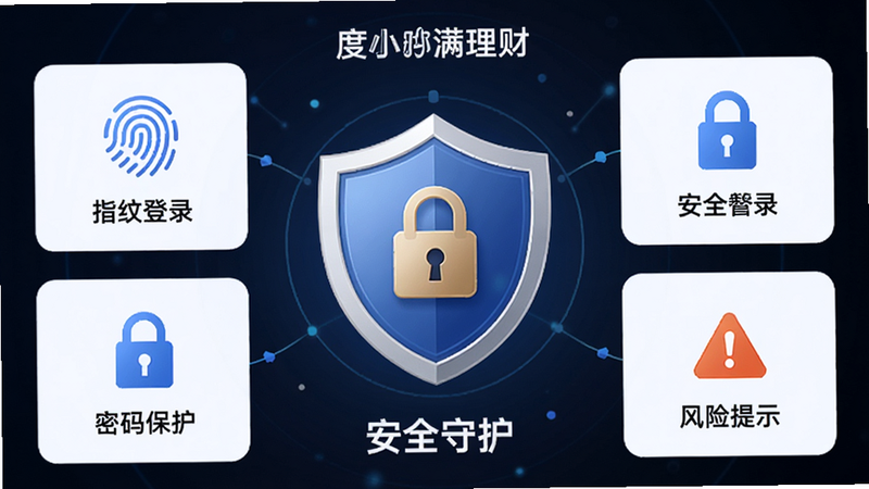 主体为度小满理财APP的安全中心界面,布局以盾牌图标为核心,周围环绕“指纹登录”、“密码保护”、“风险提示”等功能模块,排版中心聚焦,风格稳健可信,细节处有锁形元素象征安全,画质精细,干净无噪点,文字标注