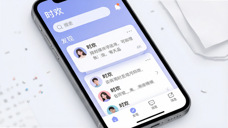 一张高保真UI设计概念图,主体为时欢APP的主界面,布局清晰,顶部显示搜索栏与通知图标,中部为动态流内容卡片,包含头像与文字摘要,底部为导航栏,风格极简现代,配色采用柔和的蓝紫色调,细节处有微阴影效果,画质4k,干净无杂乱元素,文字标签为