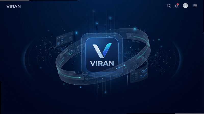 һ��չʾ VIRAN Ӧ��������ĸ߱��� UI ���ͼ������Ϊ����ɫ�Ƽ���񱳾������������� VIRAN �� Logo ͼ�꣬��Χ�����Ű�͸�������������������ֲ������ĶԳ�ʽ�Ű棬���Ϊ�ִ��������壬ϸ�ڰ���ϸ���������Ч���Ӱ���䣬����Ϊ 4K ���壬����ɾ��޶���Ԫ�أ��������ݰ���