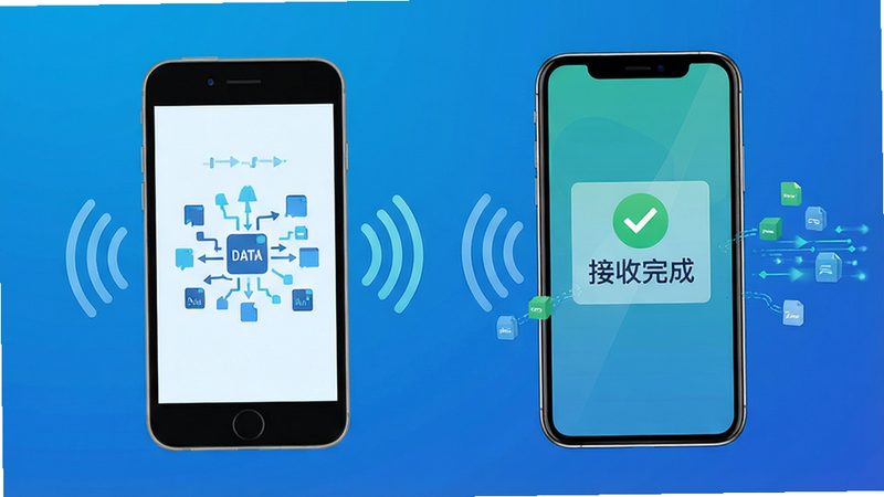 主体为两部现代智能手机并排展示,左侧旧手机屏幕显示数据流动图标,右侧新手机屏幕显示接收完成界面,背景为简洁的科技蓝渐变色,布局居中对称,排版清晰,风格为扁平化科技插画,细节处包含无线信号波纹和数据包传输动画,文字标注