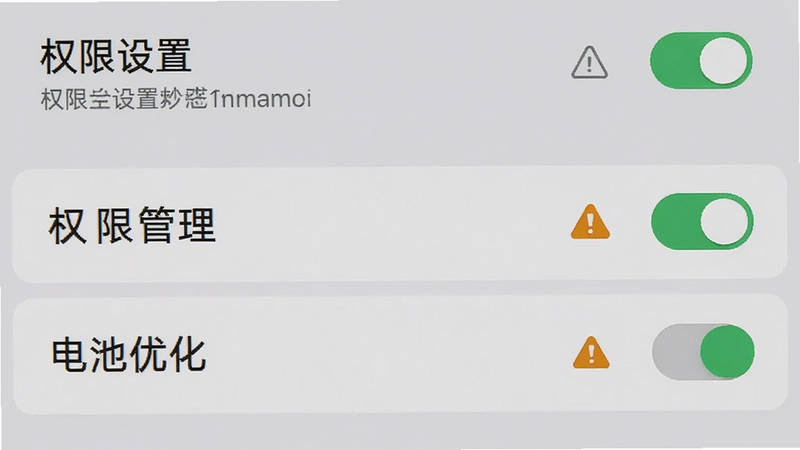 主体为手机设置界面截图,高亮显示“权限管理”和“电池优化”选项,背景为浅灰色UI风格,布局纵向排列,排版紧凑,风格为真实系统截图模拟,细节展示开关按钮和警告图标,文字标注