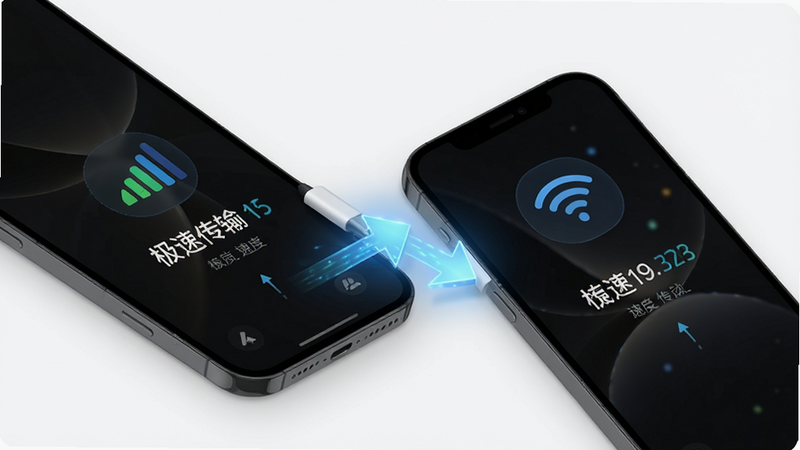 主体为两部手机通过无线信号连接,中间有发光的数据流箭头,背景为白色极简风格,布局紧凑,排版整洁,风格为现代UI设计,细节展示信号强度图标和速度数值,文字标注
