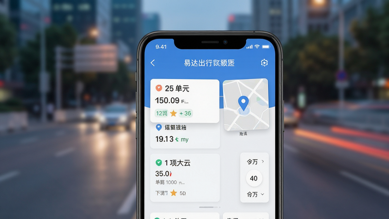 易达出行司机APP主界面预览图,主体为手机屏幕显示接单大厅,背景为城市道路虚化效果,布局清晰,排版简洁,风格现代扁平化,细节包含订单卡片与地图导航图标,画质高清,干净,无多余元素