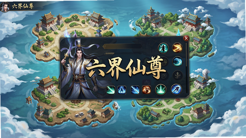 主体为《六界仙尊》游戏主界面,布局呈现六界地图全景,排版采用中央悬浮UI面板,风格为高清二次元国风,细节展示仙人角色立绘与技能图标,画质4K,干净,无多余元素,文字“六界仙尊”醒目居中