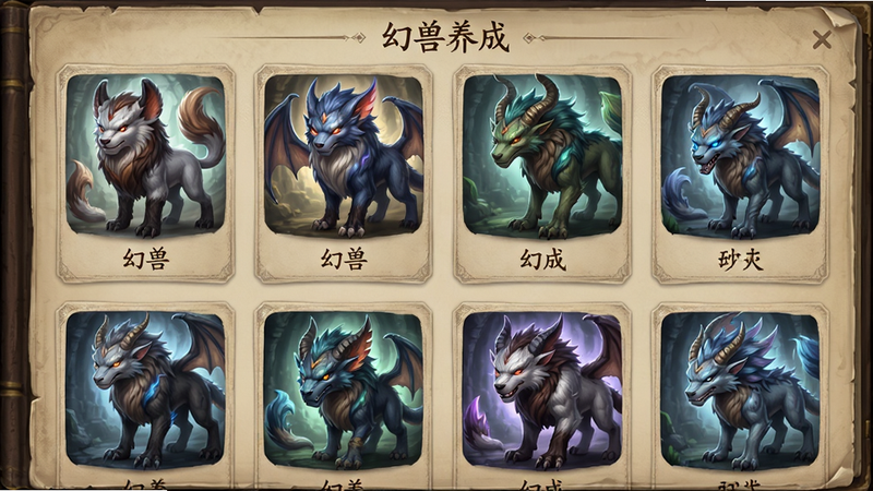 主体为幻兽图鉴界面,布局为卡片式排列,排版展示多种幻兽形态,风格为奇幻生物设计,细节刻画幻兽毛发与光影效果,画质逼真,干净,无多余元素,文字“幻兽养成”