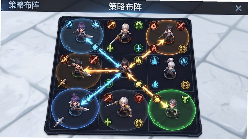 主体为战斗布阵界面,布局为3x3网格棋盘,排版清晰展示角色站位与技能覆盖范围,风格为游戏UI设计,细节高亮显示攻击路径与元素克制图标,画质精细,干净,无多余元素,文字“策略布阵”