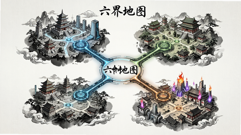 主体为六界地图全景图,布局展示人魔神妖鬼仙六个区域,排版为放射状连接节点,风格为水墨国风与科幻结合,细节描绘各区域标志性建筑,画质高清,干净,无多余元素,文字“六界地图”标注
